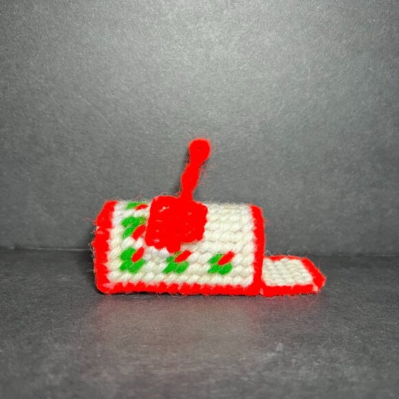 VTG Handmade Red, White & Green Holly Cross Stitch Mailbox Christmas Ornament - Picture 1 of 6